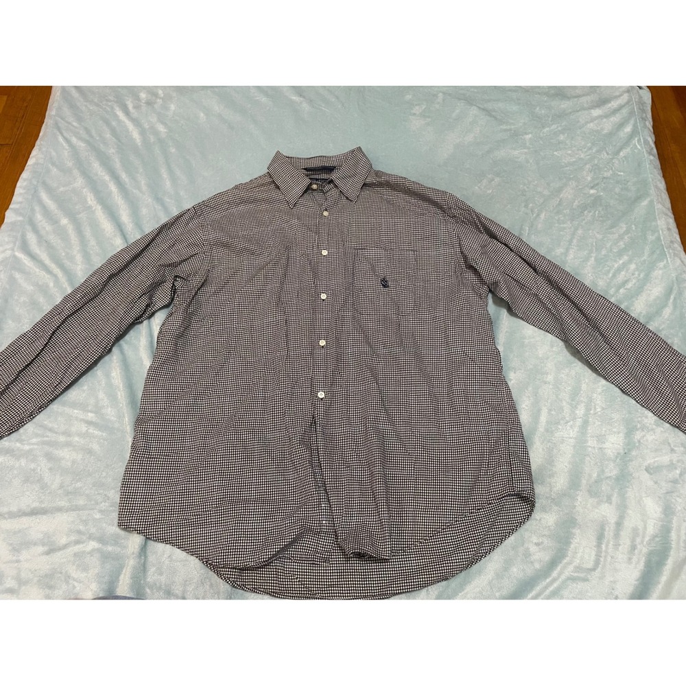 Nautica Mens XL Long Sleeve Button Down Shirt Black White Micro Check Cotton